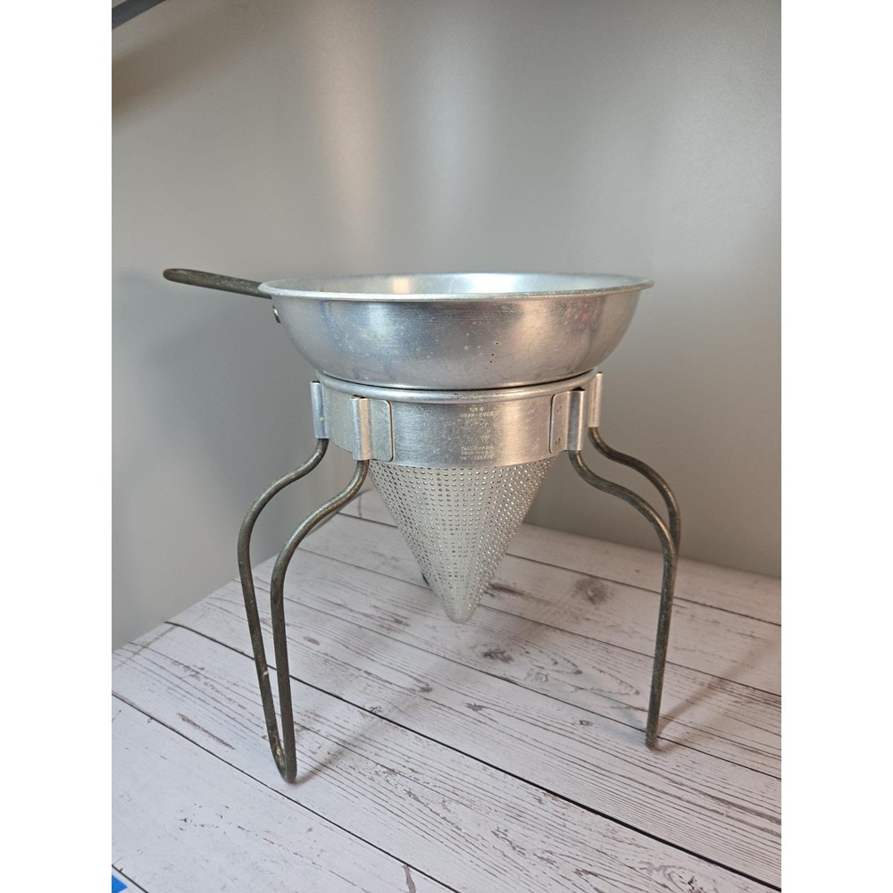 No. 8 Aluminum Wear-Ever Sieve Cone Strainer w/ Stand Canning Colander - 2 Pc